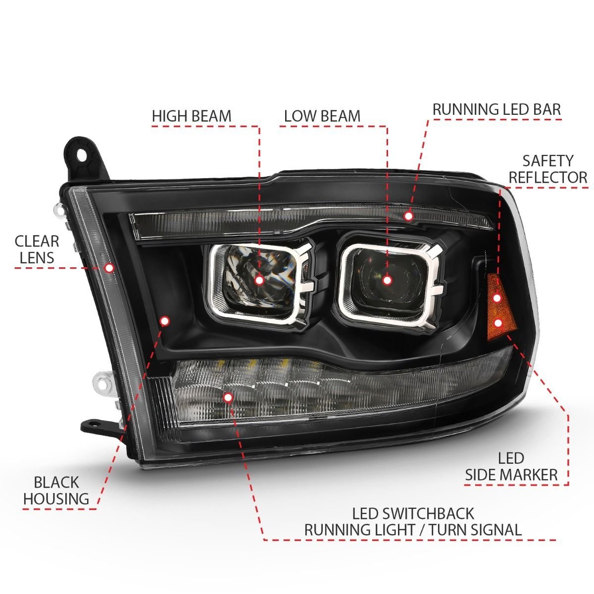 Dodge Ram 1500 09-18 /ram 2500/3500 10-18 Dual Projector Switchback Headlight Black Amber (for All Models) - Image 4