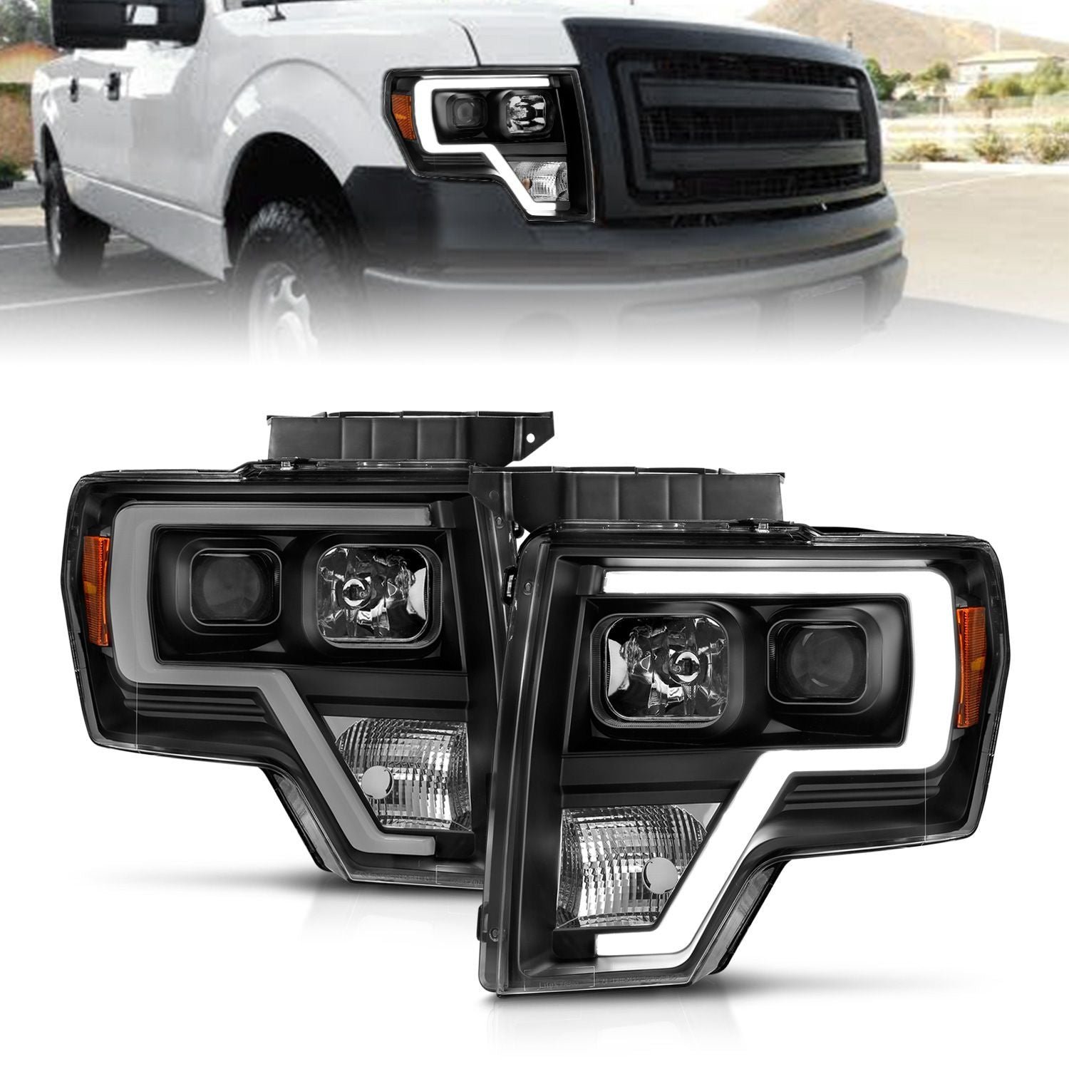 Ford F-150 09-14 Projector Headlights With Black Housing Plank Style Light Bar - Image 1
