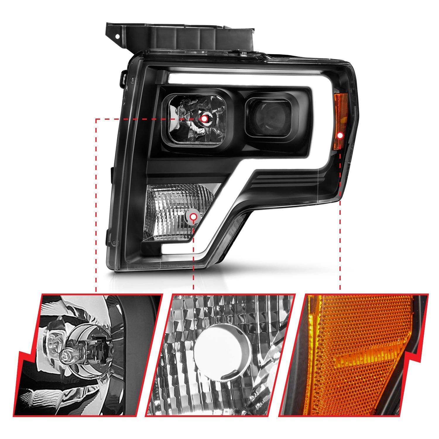 Ford F-150 09-14 Projector Headlights With Black Housing Plank Style Light Bar - Image 4