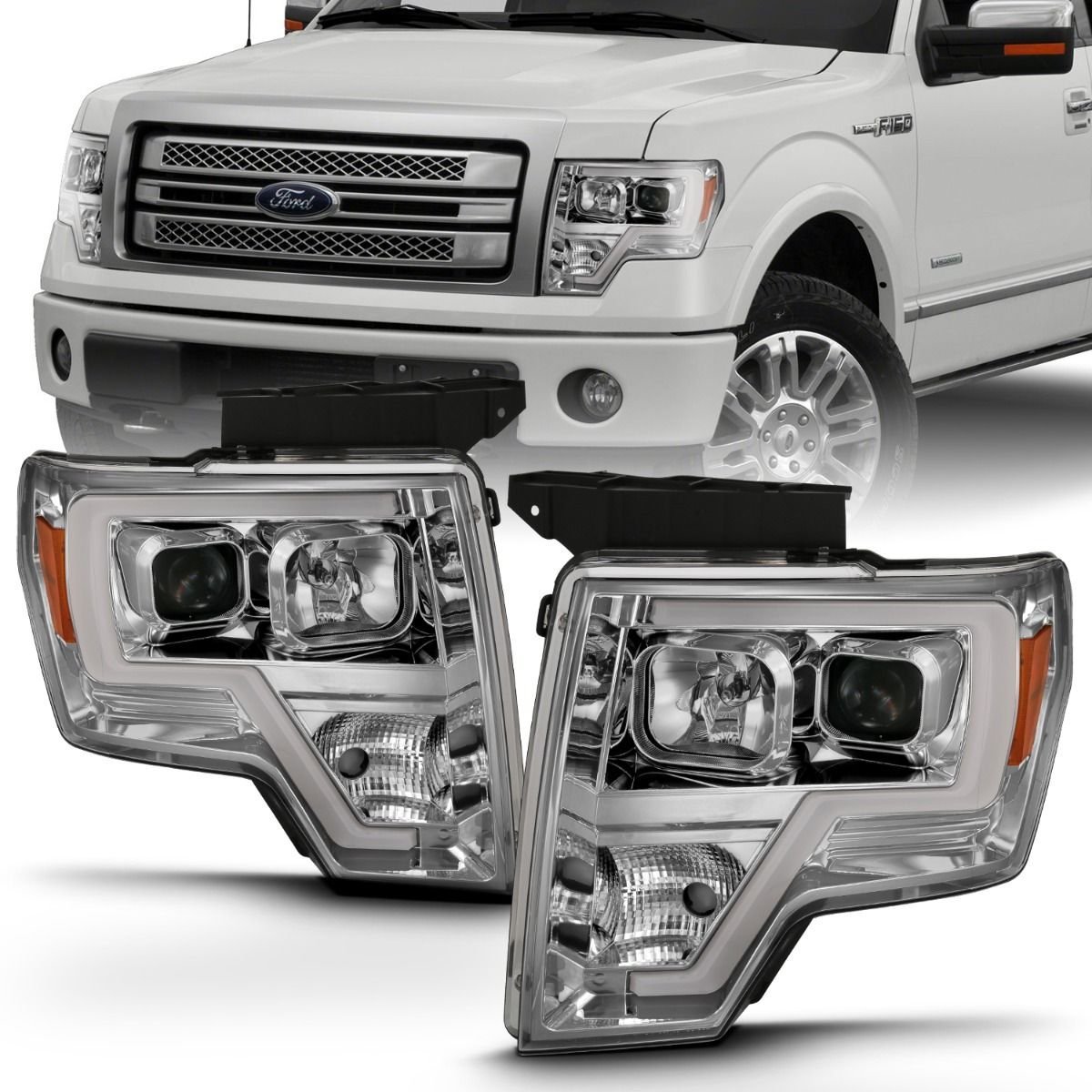 Ford F-150 09-14 Projector Headlight With Chrome Housing and Light Bar - Image 1