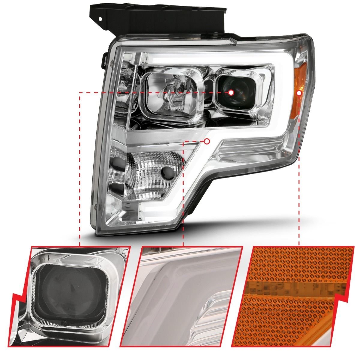 Ford F-150 09-14 Projector Headlight With Chrome Housing and Light Bar - Image 3