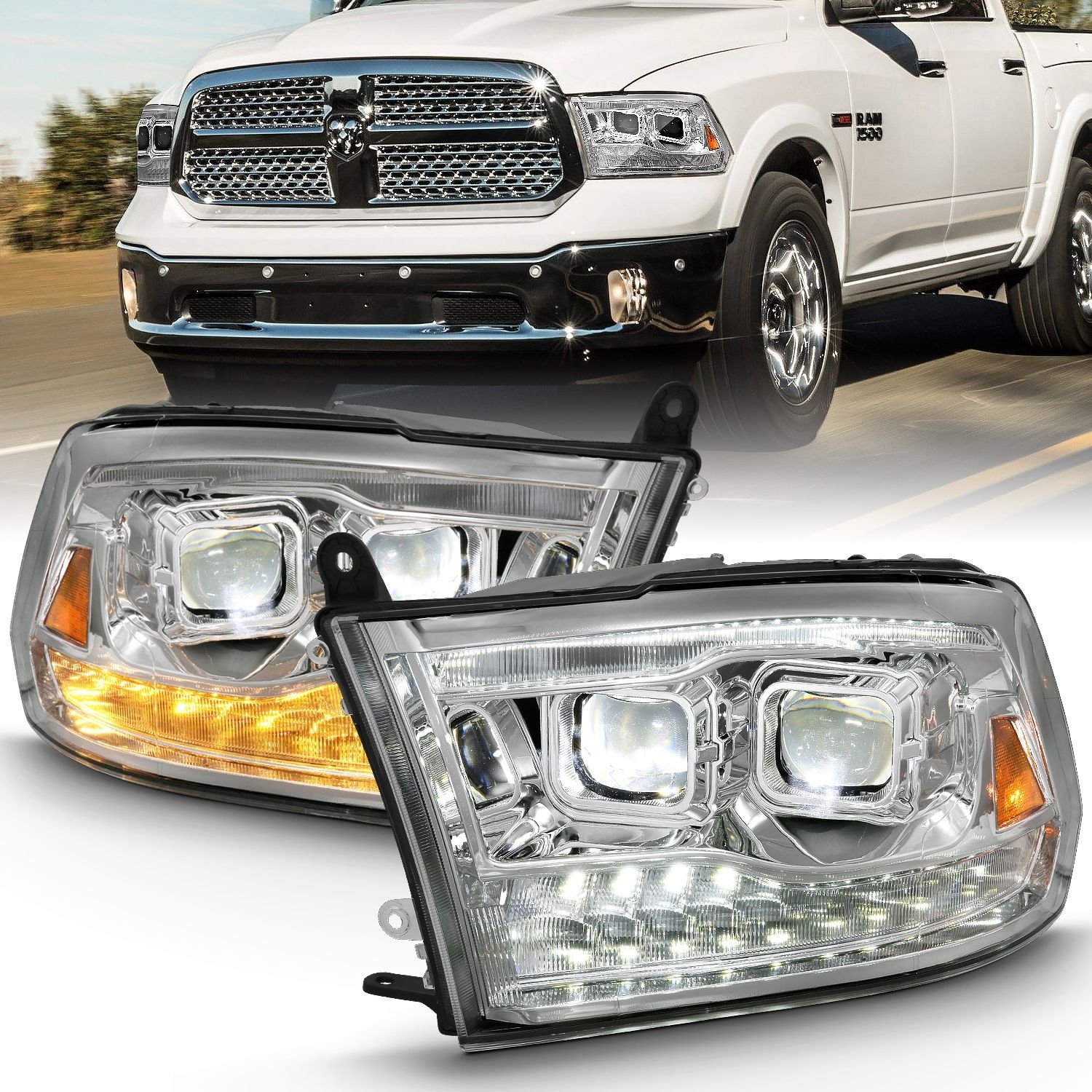 Dodge Ram 1500 09-18 /Ram 2500/3500 10-18 Dual LED Projector Headlights Chrome - Image 1