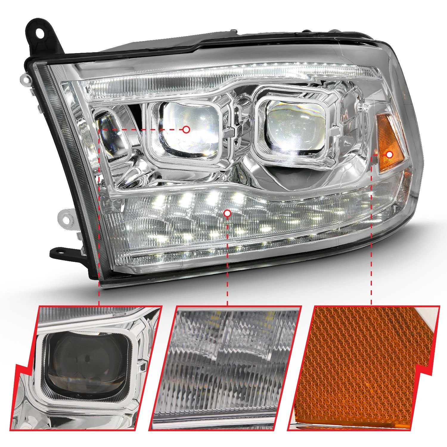 Dodge Ram 1500 09-18 /Ram 2500/3500 10-18 Dual LED Projector Headlights Chrome - Image 3