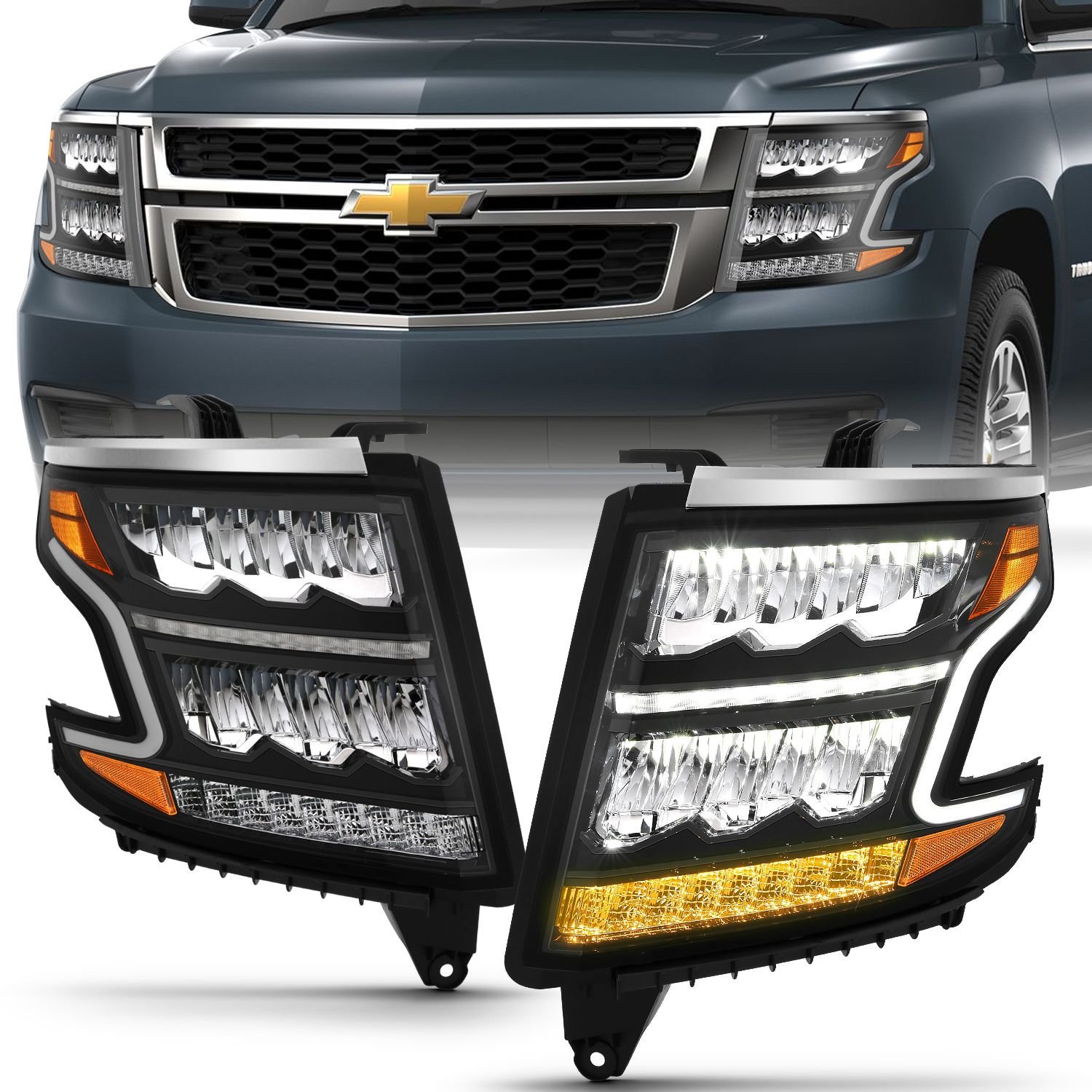 Chevy Tahoe 15-20 Suburban 15-20 Led Crystal Plank Style Headlight - Black - Image 1