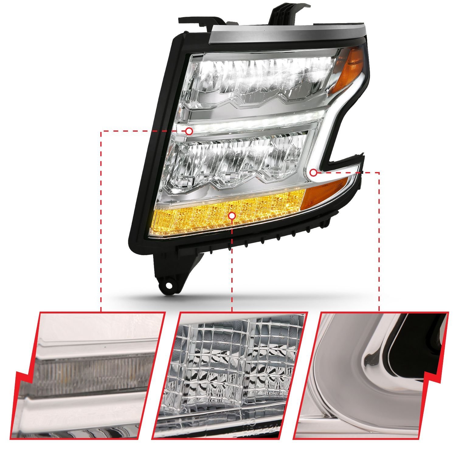 Chevy Tahoe 15-20 Suburban 15-20 Led Crystal Plank Style Headlight - Chrome - Image 3