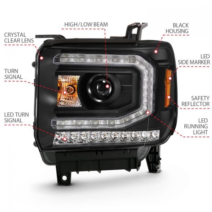 GMC Sierra 1500 16-19 Projector Headlight Plank Style Black