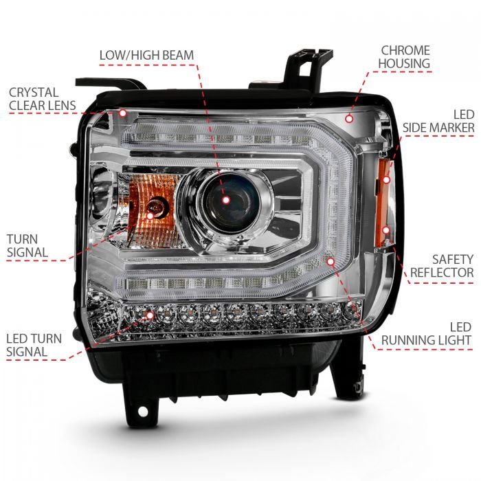GMC Sierra 1500 16-19 Projector Headlight Plank Style Chrome