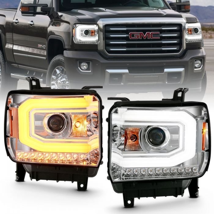 GMC Sierra 1500 14-15 / 2500hd/3500hd 15-19 Chrome Projector headlights  Housing With Switchback C Light Bar