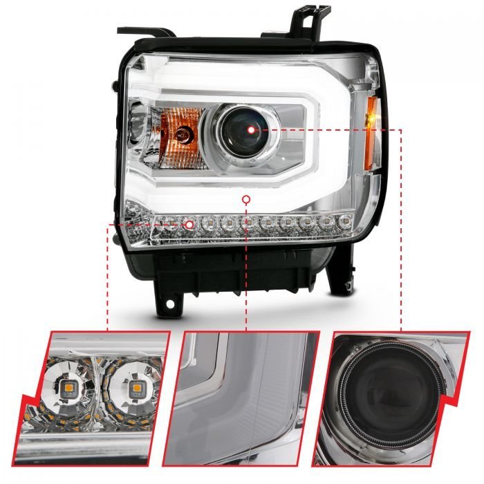 GMC Sierra 1500 14-15 / 2500hd/3500hd 15-19 Chrome Projector headlights  Housing With Switchback C Light Bar