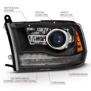 Dodge Ram 1500 09-18 /Ram 2500/3500 10-18 Projector Headlights Black Amber - Image 2
