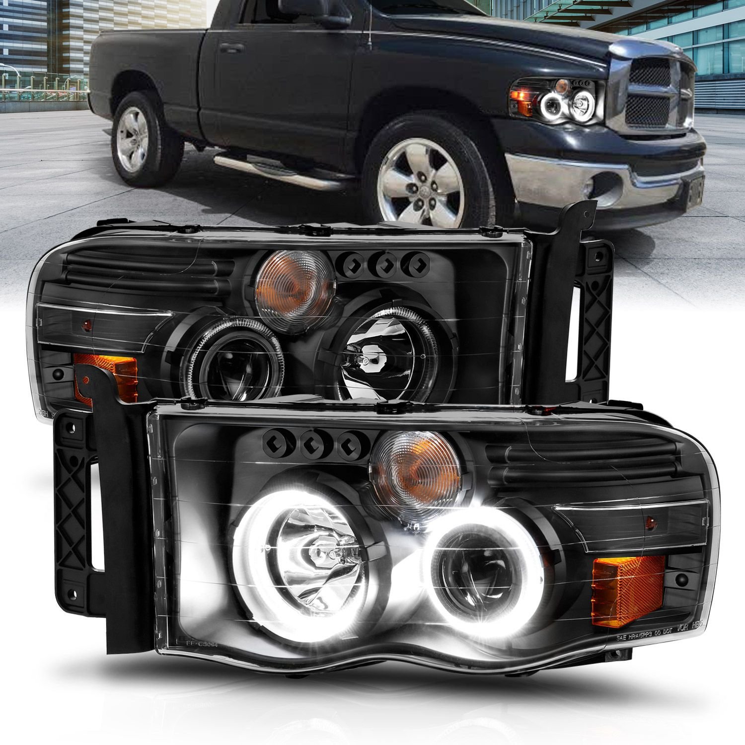Dodge Ram 1500 02-05 Ram 2500/3500 03-05 Projector Halo Headlights Black Clear - Image 1