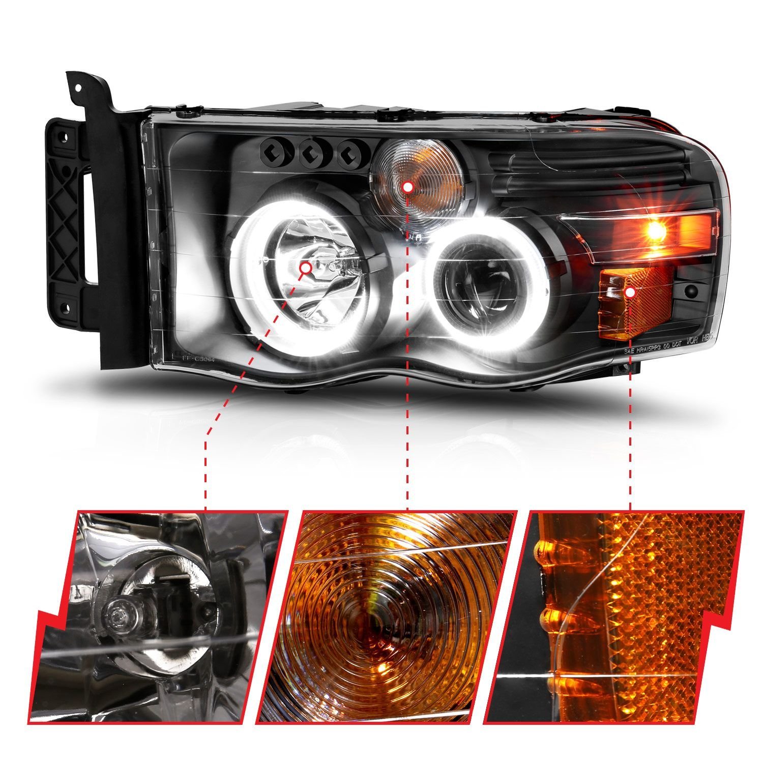 Dodge Ram 1500 02-05 Ram 2500/3500 03-05 Projector Halo Headlights Black Clear - Image 3