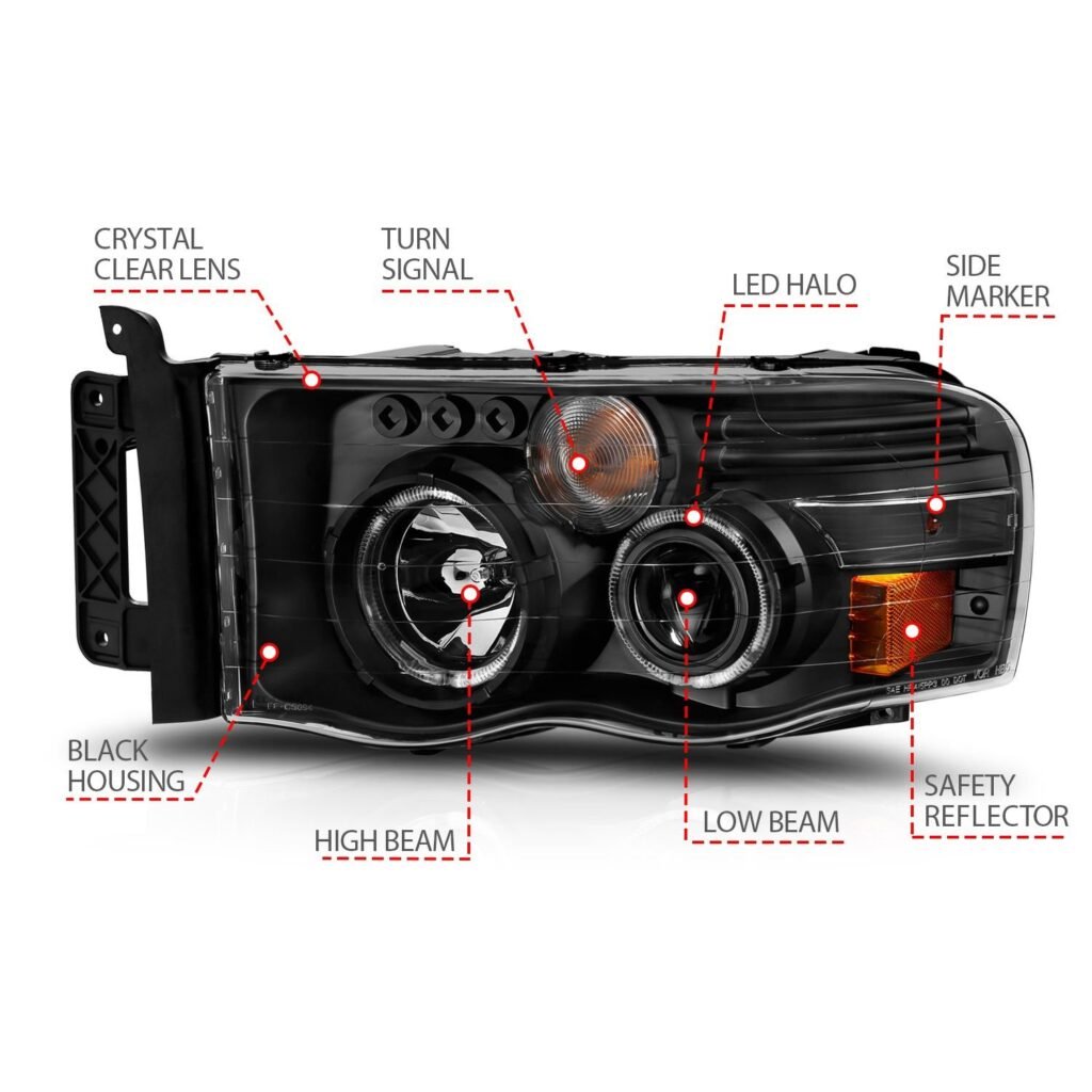 Dodge Ram 1500 02-05 Ram 2500/3500 03-05 Projector Halo Headlights Black Clear