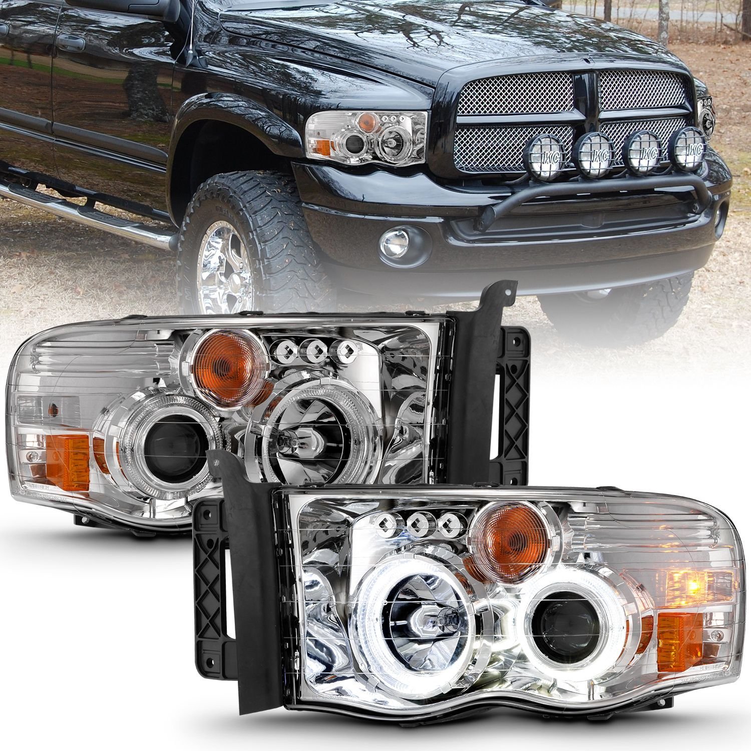Dodge Ram 1500 02-05 Ram 2500/3500 03-05 Projector Halo Headlights Chrome Clear - Image 1