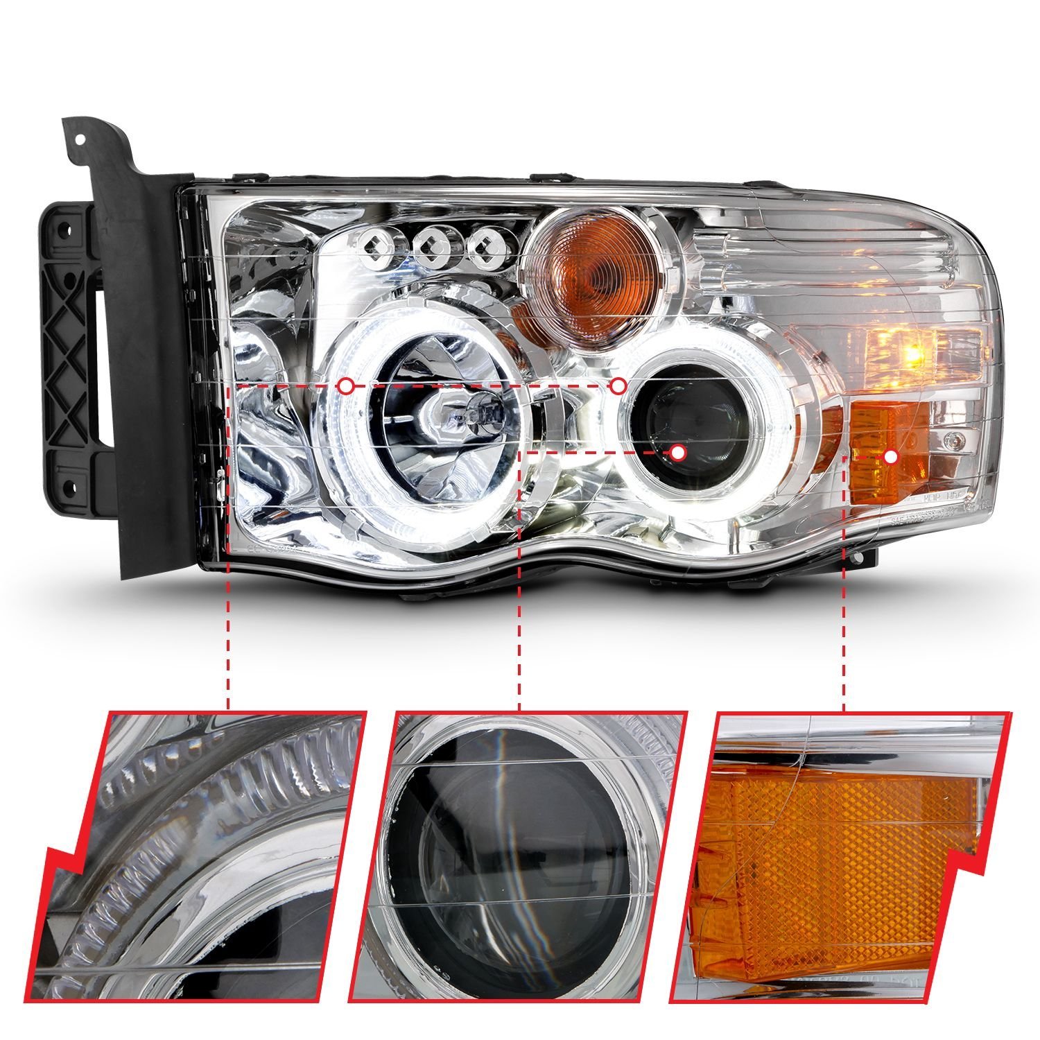 Dodge Ram 1500 02-05 Ram 2500/3500 03-05 Projector Halo Headlights Chrome Clear - Image 3