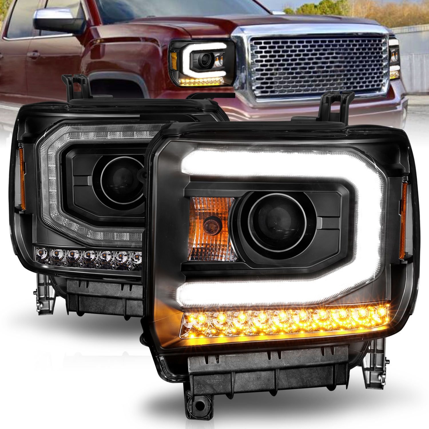 GMC Sierra 1500 14-15/ 2500hd/3500hd 15-19 Projector Headlights Light Bar Black - Image 1
