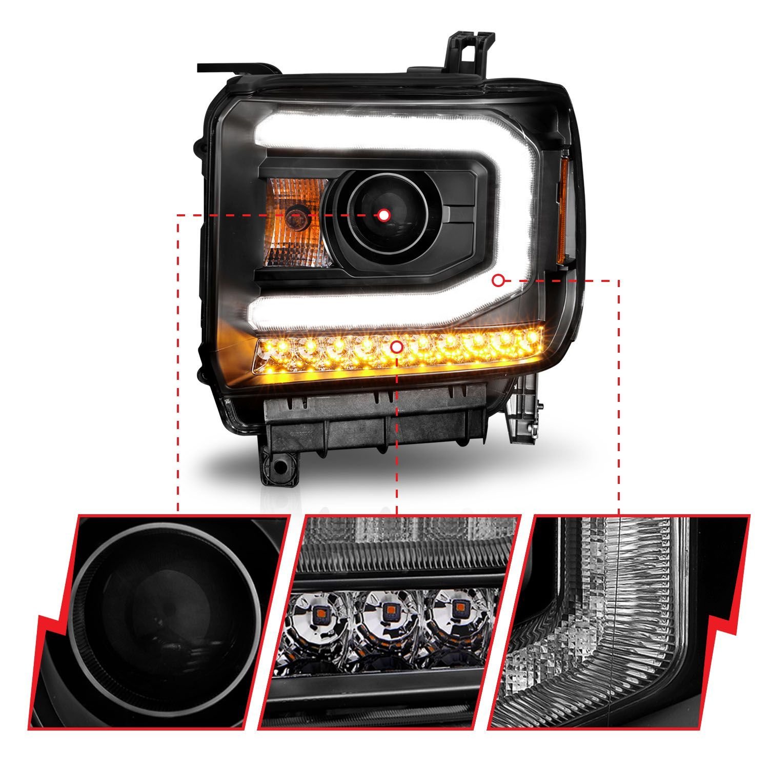 GMC Sierra 1500 14-15/ 2500hd/3500hd 15-19 Projector Headlights Light Bar Black - Image 6