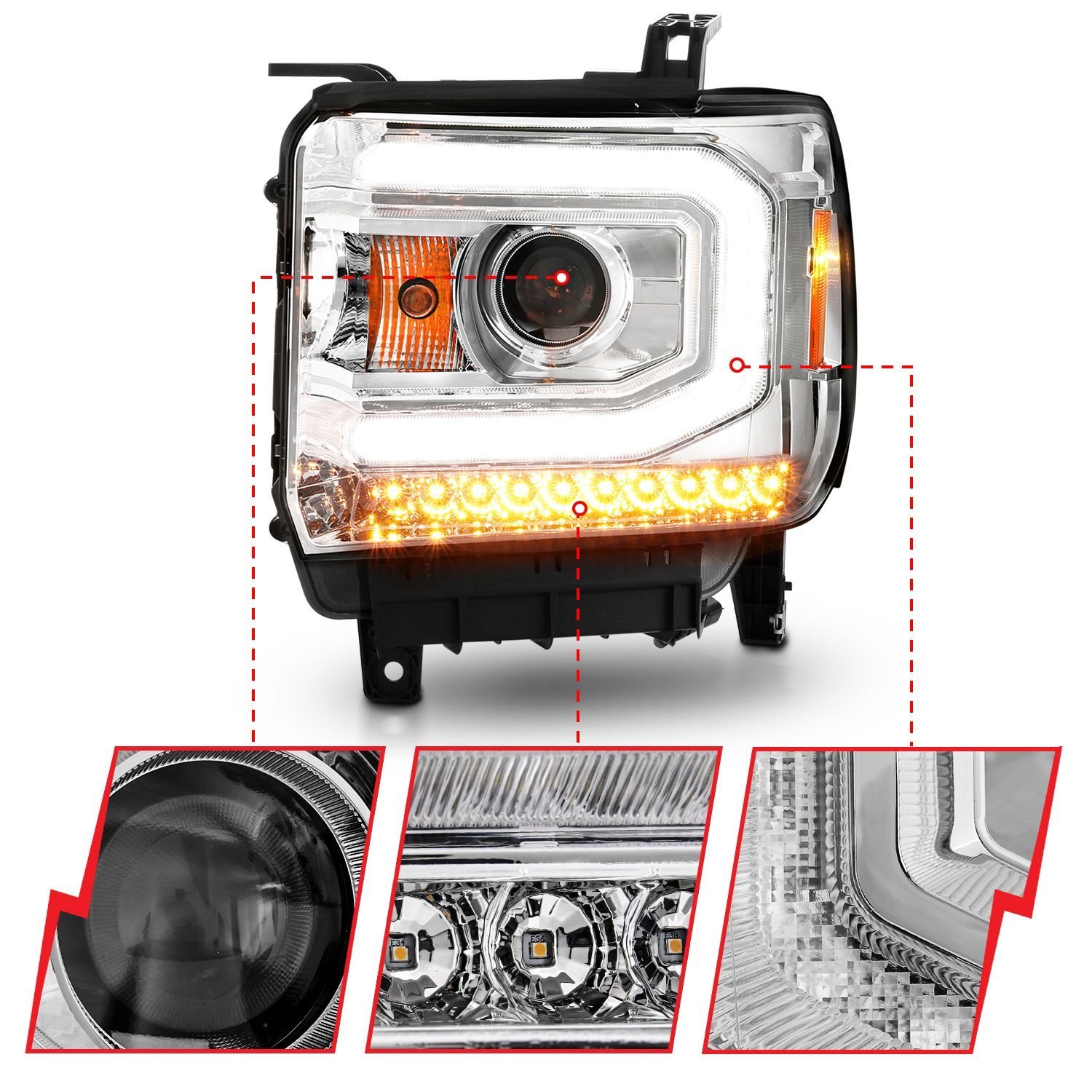 GMC Sierra 1500 14-15/ 2500hd/3500hd 15-19 Projector Headlights Light Bar Chrome - Image 5