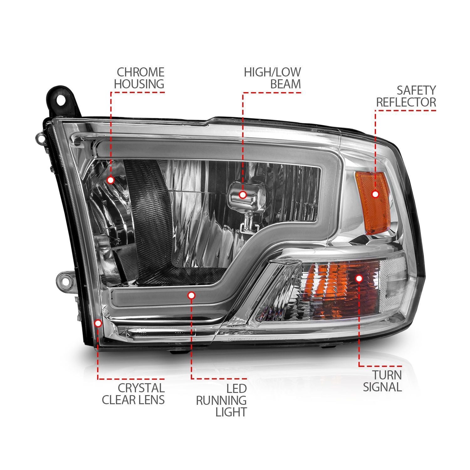 Dodge Ram 1500 09-18 /Ram 2500/3500 10-18 Halogen Headlights Chrome - Image 3