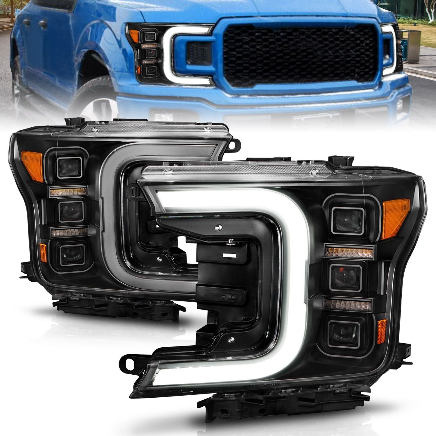 Ford F-150 18-20 Full Led C-bar Projector Headlights Black W/ Sequential Signal - Image 1
