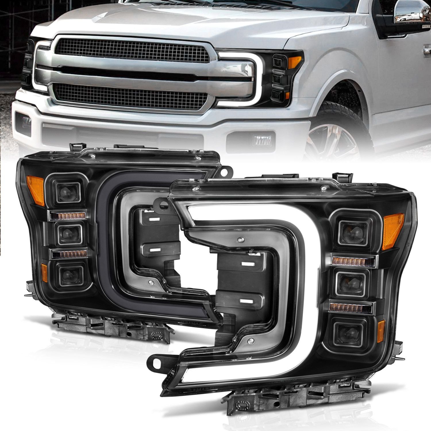Ford F-150 18-20 Full Led Smoke C-bar Projector Headlights Black W/ Sequential Signal - Image 1