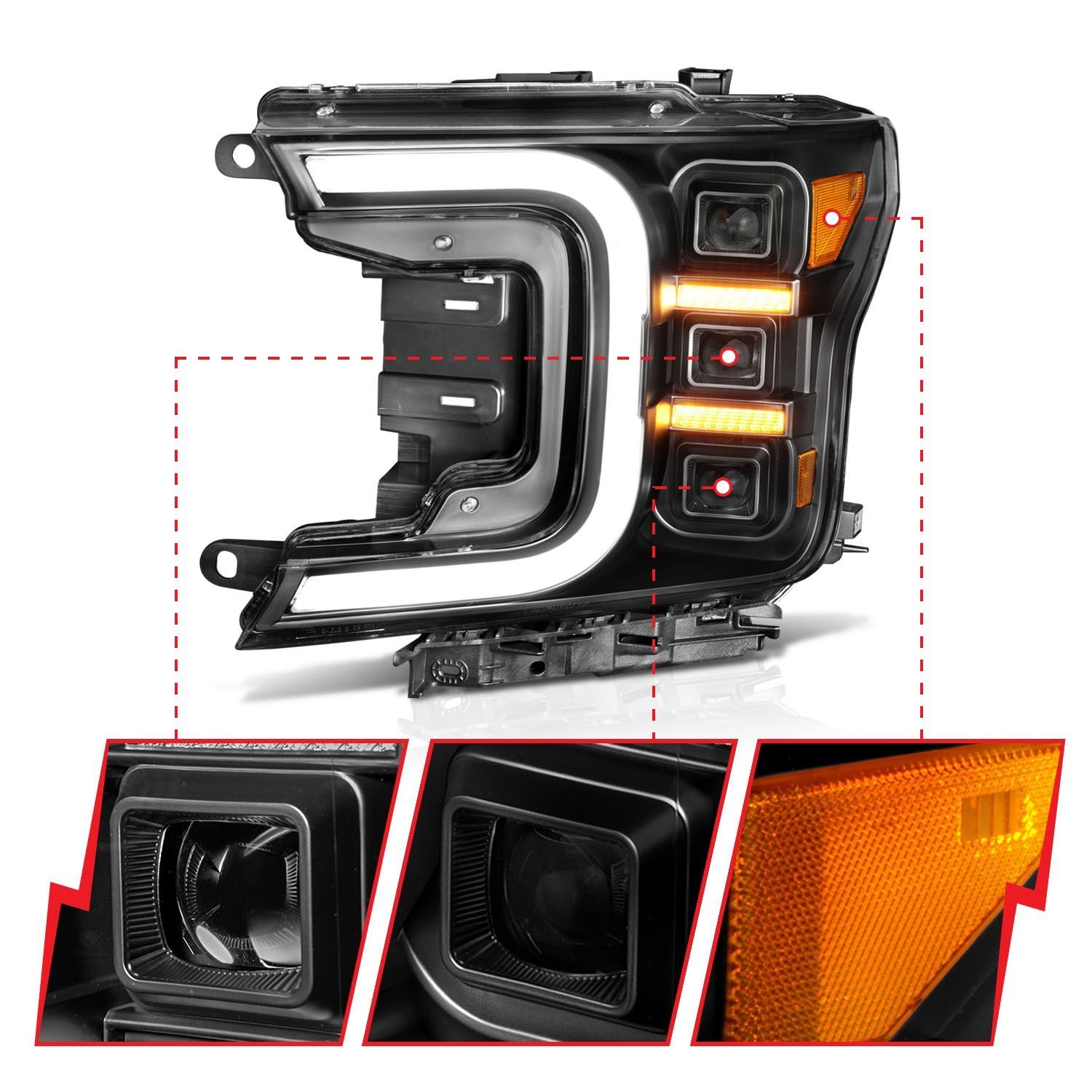 Ford F-150 18-20 Full Led Smoke C-bar Projector Headlights Black W/ Sequential Signal - Image 3