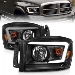 Dodge Ram 1500 06-08/ 2500/3500 06-09 Crystal Headlights Black W/ C Light Bar Amber - Image 1