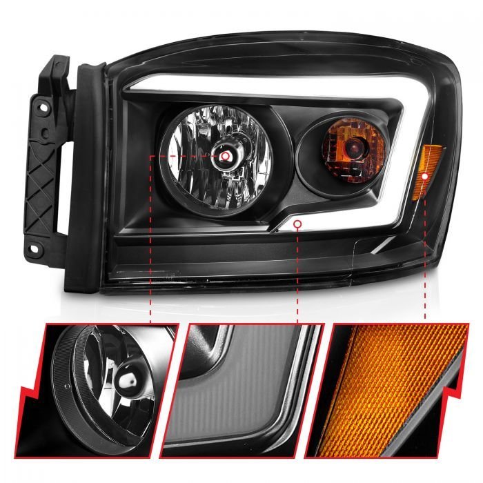 Dodge Ram 1500 06-08/ 2500/3500 06-09 Crystal Headlights Black W/ C Light Bar Amber