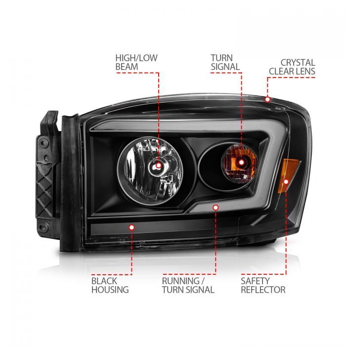 Dodge Ram 1500 06-08 / 2500/3500 06-09 Switchback Crystal Headlights Black Amber W/ C Light Bar