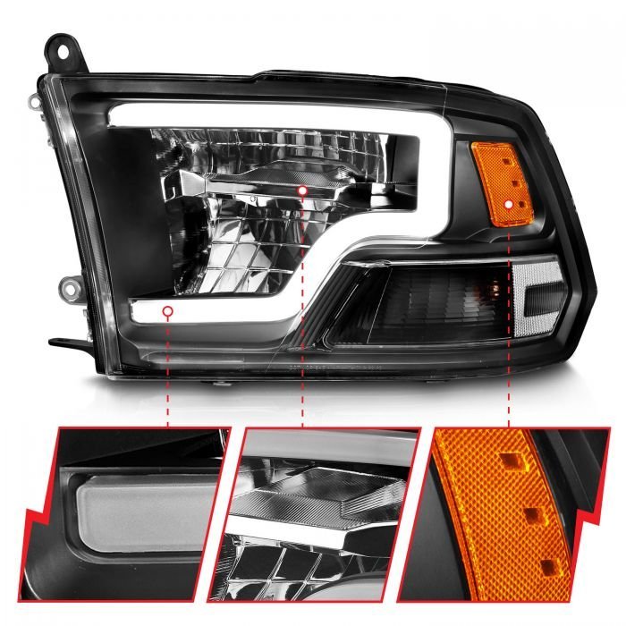 Dodge Ram 1500 09-18 / Ram 2500/3500 10-18 Full Led Crystal Headlights Black W/ C Style Bar