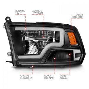 Dodge Ram 1500 09-18 / Ram 2500/3500 10-18 Full Led Crystal Headlights Black W/ C Style Bar - Image 3