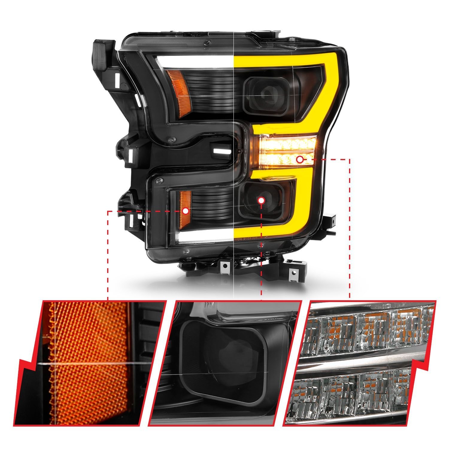 Ford F-150 15-17 Full Led Projector Headlights Black Housing W/ Switchback Light Bar - Image 3