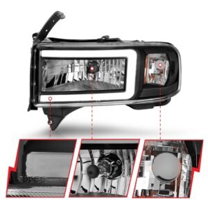 DODGE RAM 1500 94-01 / RAM 2500/3500 94-02/ RAM SPORT MODEL 94-98 CRYSTAL PLANK STYLE HEADLIGHTS BLACK - Image 3
