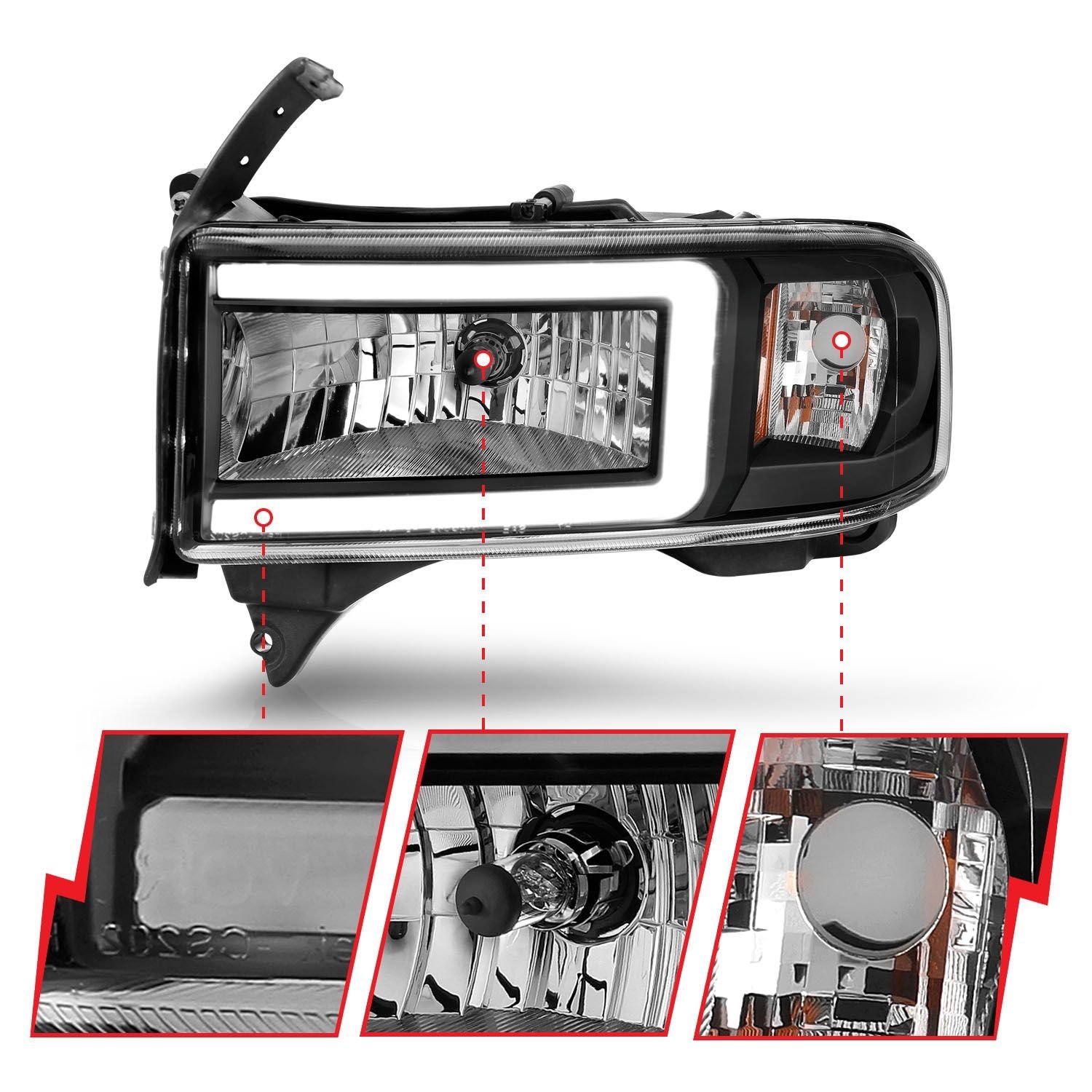 DODGE RAM 1500 94-01 / RAM 2500/3500 94-02/ RAM SPORT MODEL 94-98 CRYSTAL PLANK STYLE HEADLIGHTS BLACK - Image 3