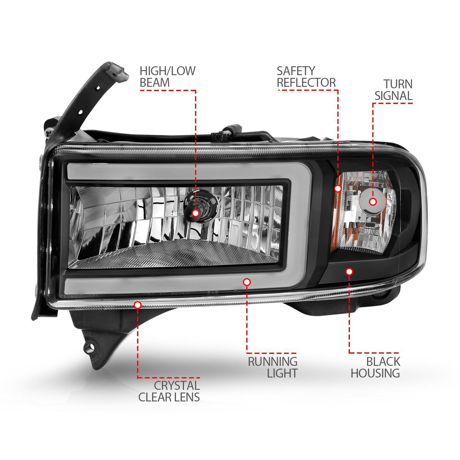 DODGE RAM 1500 94-01 / RAM 2500/3500 94-02/ RAM SPORT MODEL 94-98 CRYSTAL PLANK STYLE HEADLIGHTS BLACK - Image 4