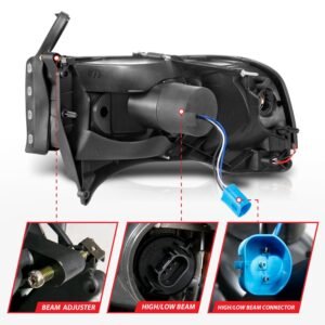 DODGE RAM 1500 94-01 / RAM 2500/3500 94-02/ RAM SPORT MODEL 94-98 CRYSTAL PLANK STYLE HEADLIGHTS BLACK - Image 5