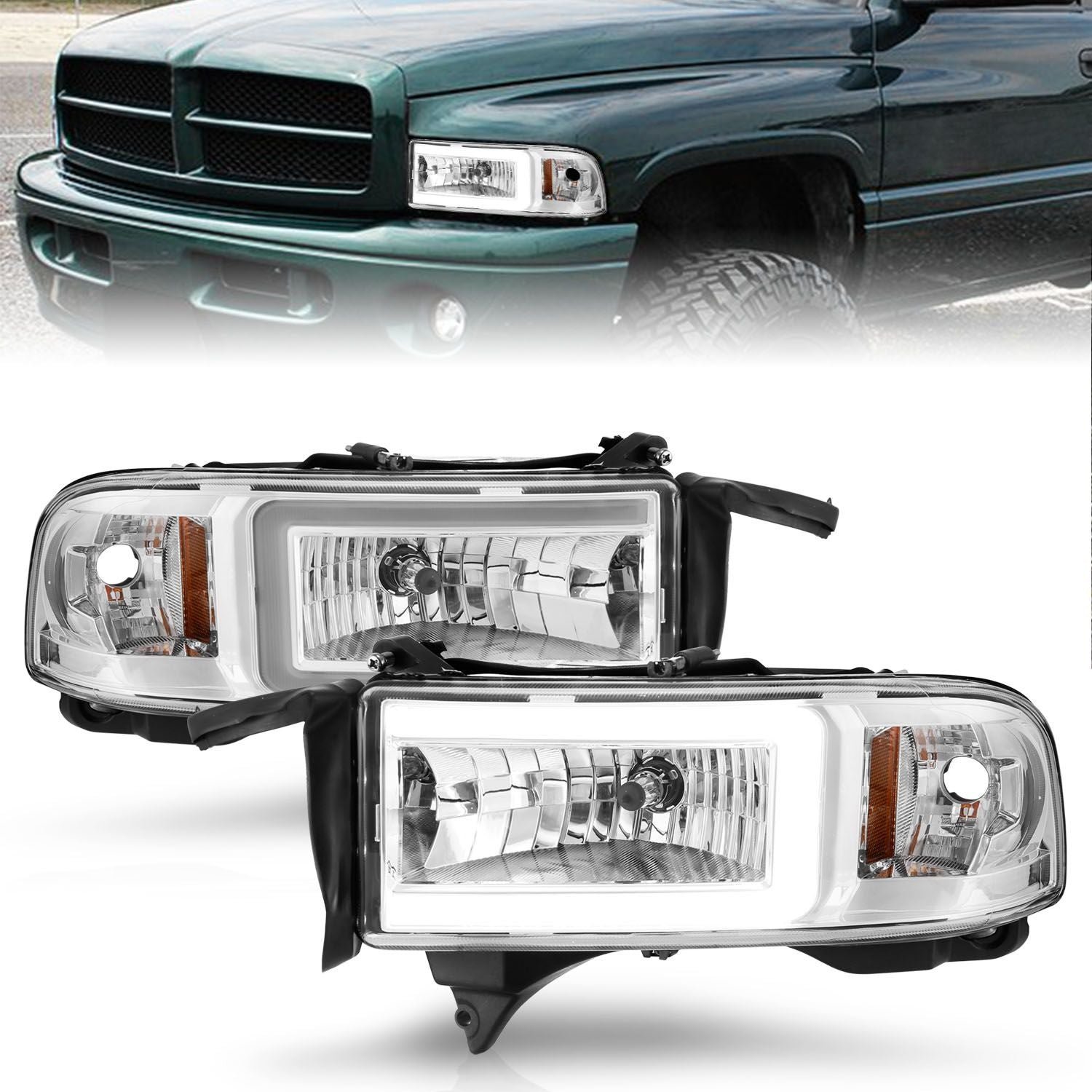 Dodge Ram 94-02 Headlights Chrome Amber (W/C Light Bar) - Image 1