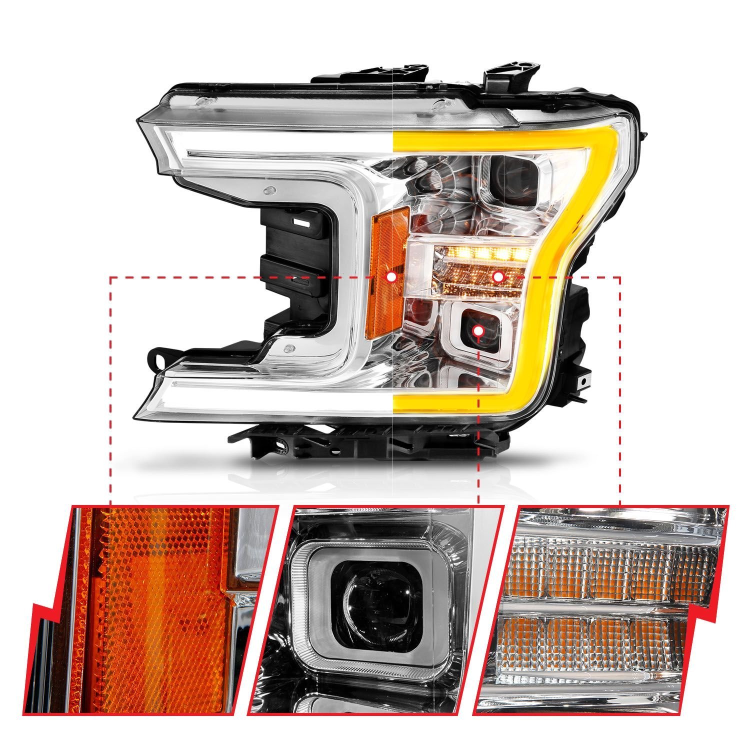 Ford F-150 18-20 Full Led Projector Chrome Headlights W/ Initiation Feature & Sequential Signal - Image 3