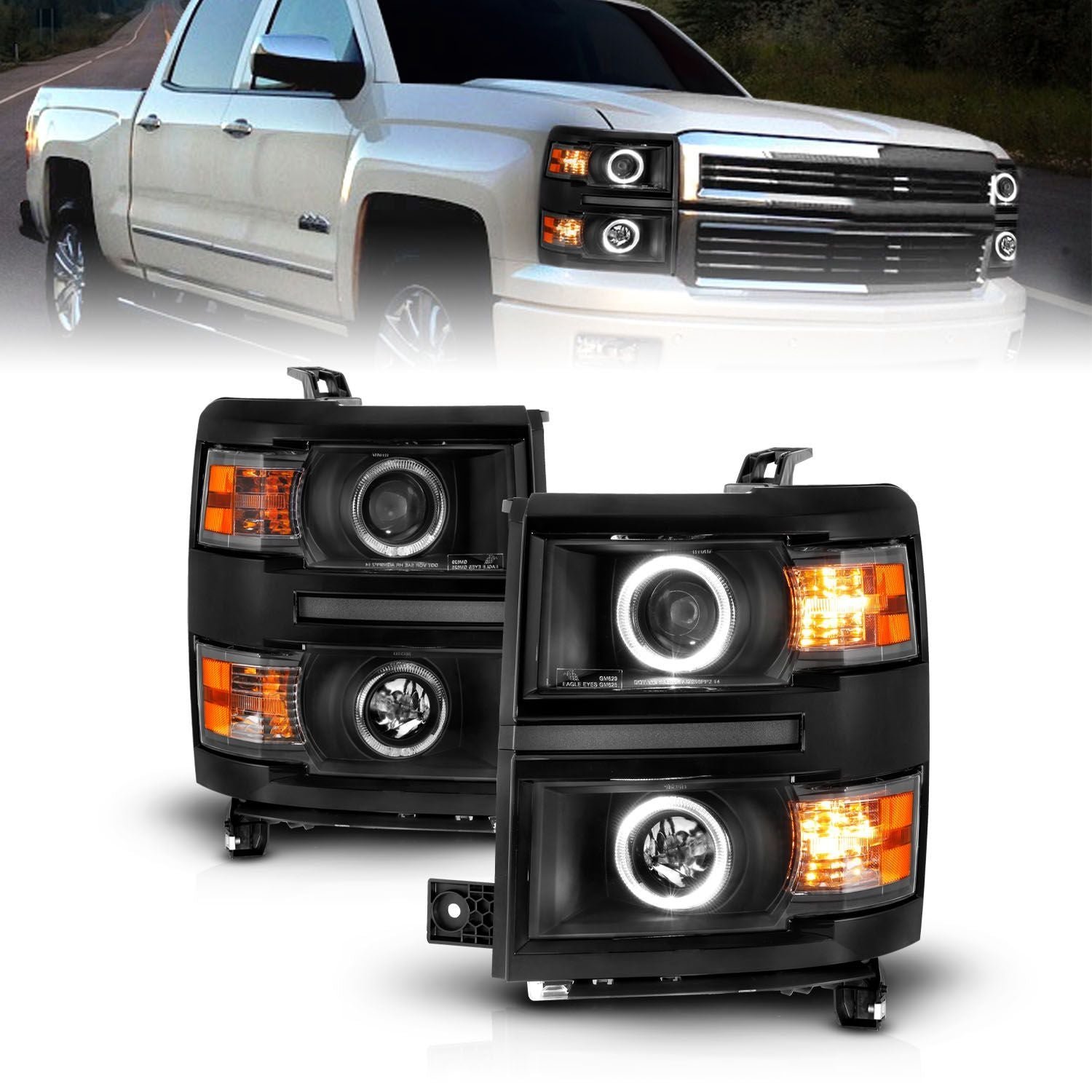 Chevy Silverado 14 -15 Projector Headlights Led Halo Black Clear - Image 1