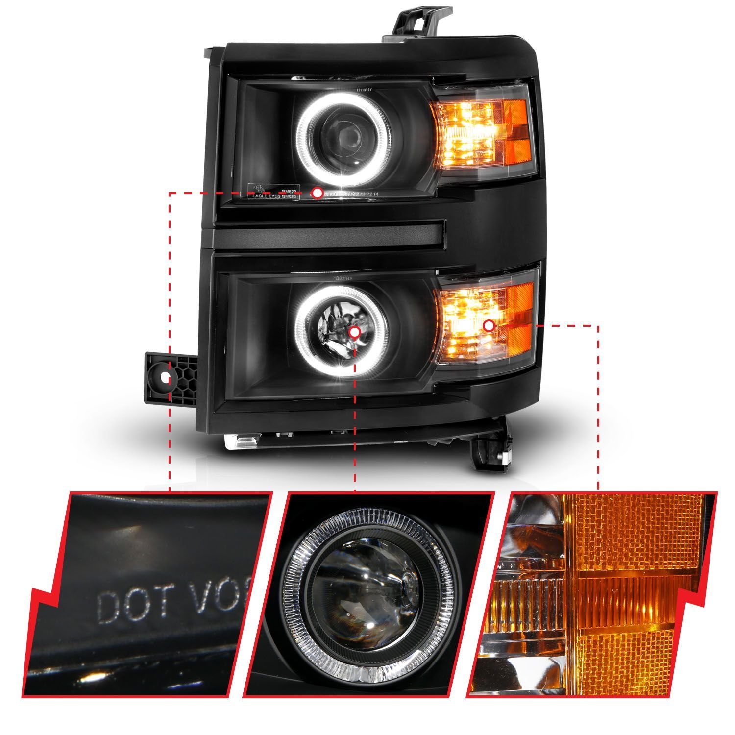Chevy Silverado 14 -15 Projector Headlights Led Halo Black Clear - Image 3