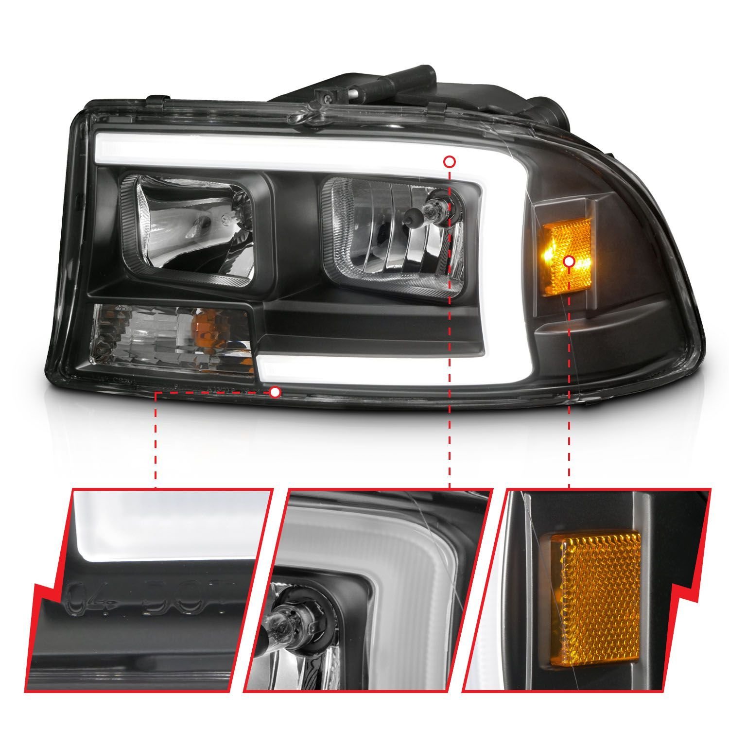Dodge Dakota 97-04 / Durango 98-03 Crystal Plank Style Headlights Black - Image 3