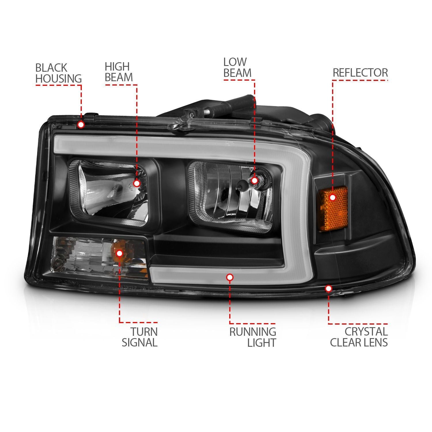 Dodge Dakota 97-04 / Durango 98-03 Crystal Plank Style Headlights Black - Image 4
