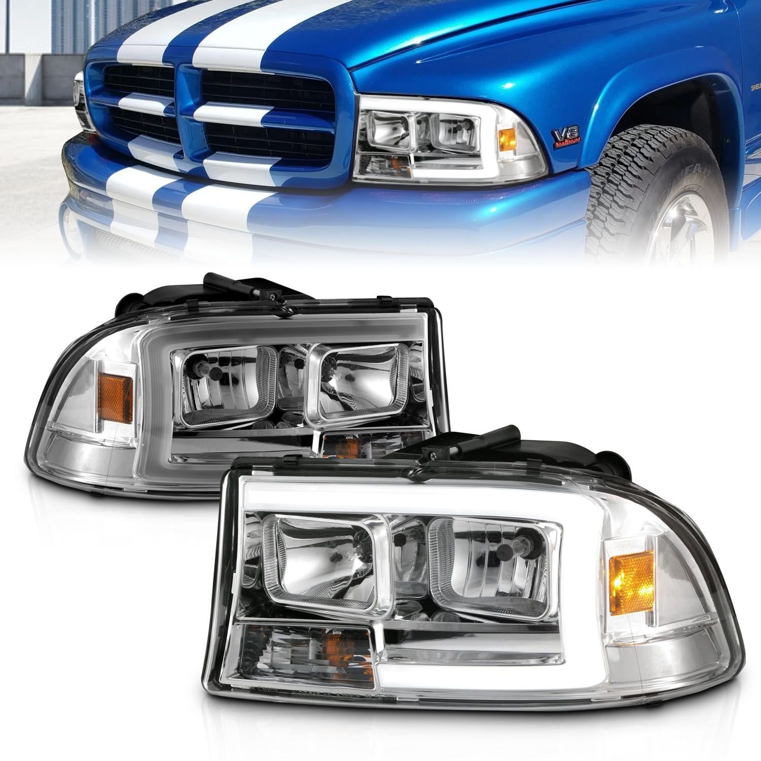 DODGE DAKOTA 97-04 / DURANGO 98-03 CRYSTAL PLANK STYLE HEADLIGHTS CHROME - Image 1