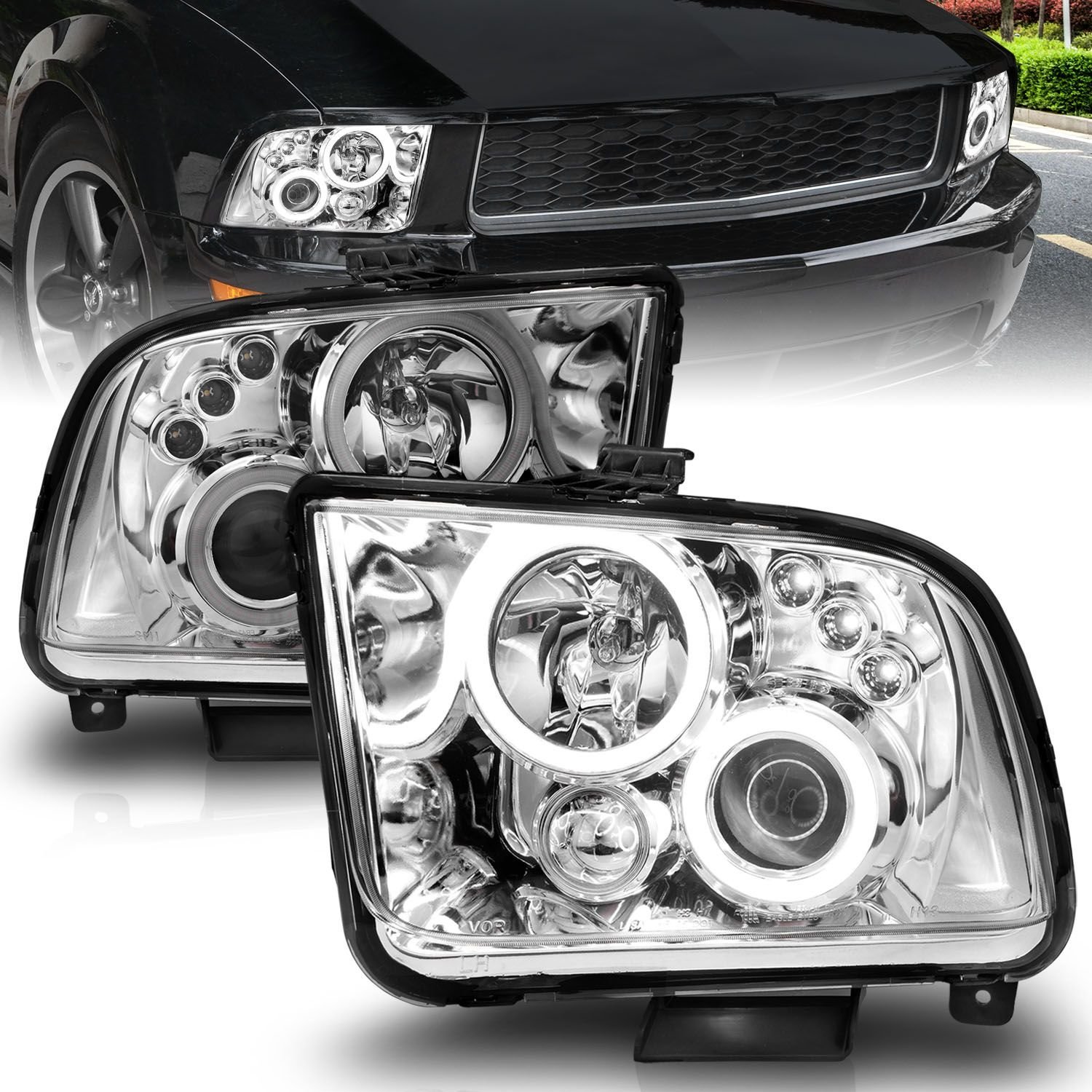 Ford Mustang 05-09 Projector Headlights Chrome W/Rx Halo - Image 1