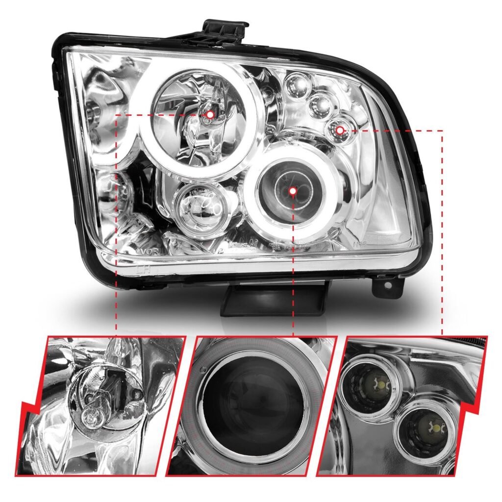 Ford Mustang 05-09 Projector Headlights Chrome W/Rx Halo