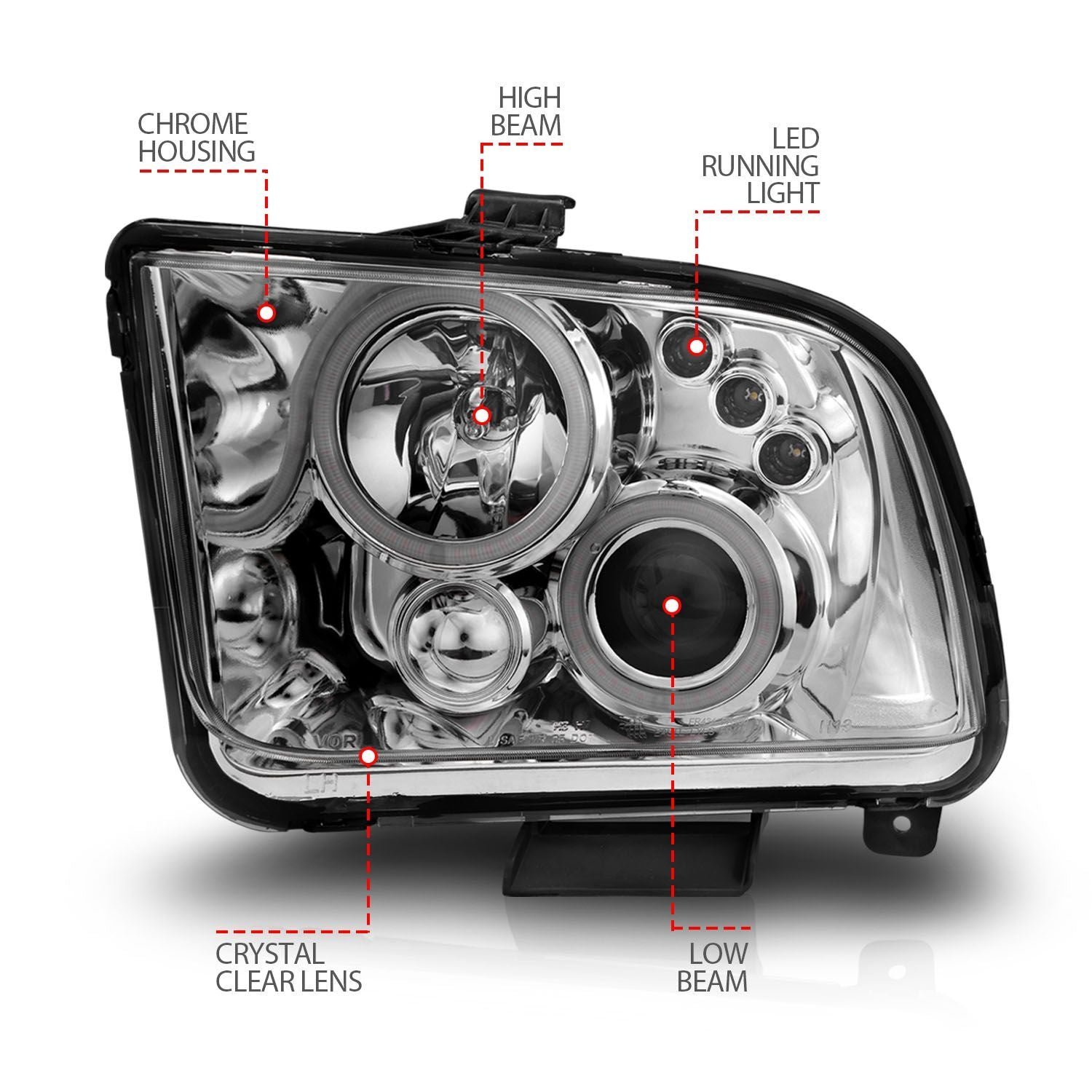 Ford Mustang 05-09 Projector Headlights Chrome W/Rx Halo - Image 4