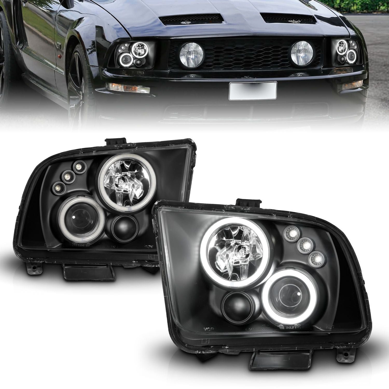 Ford Mustang 05-09 Projector Headlights Black W/Rx Halo - Image 1