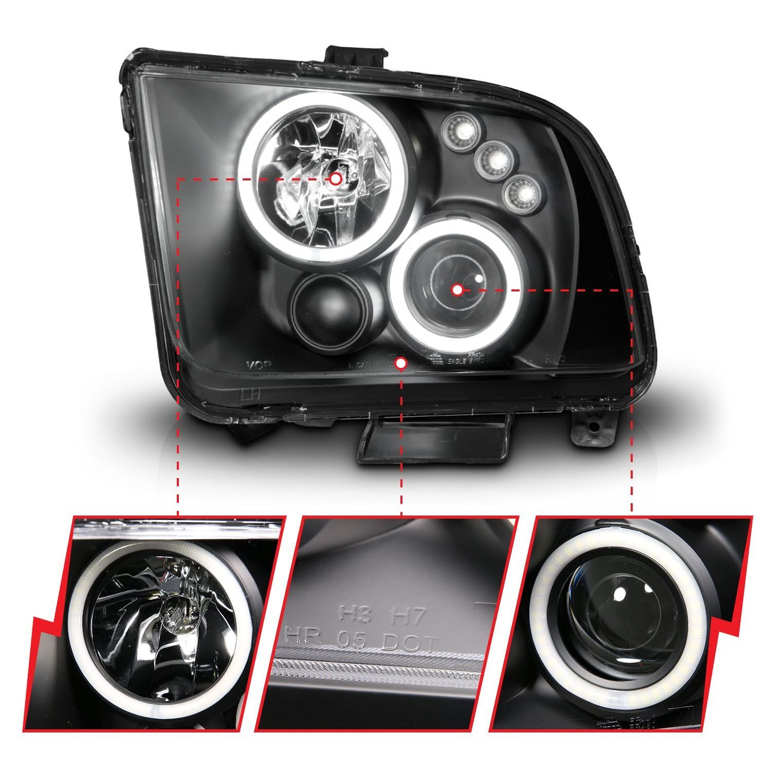 Ford Mustang 05-09 Projector Headlights Black W/Rx Halo - Image 3