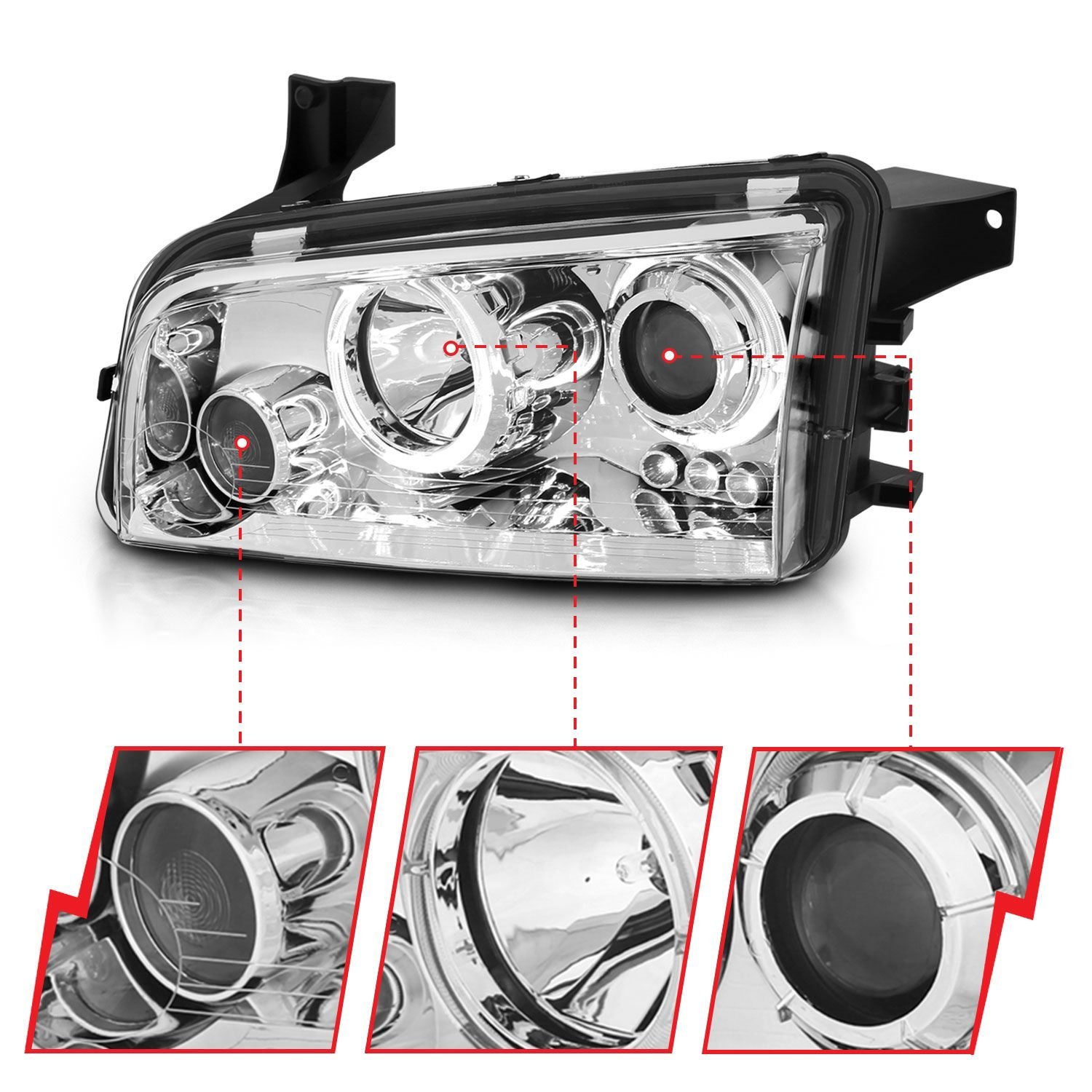 Dodge Charger 06-10 Projector Headlights Chrome W/ Rx Halo(for Halogen Models Only) - Image 3
