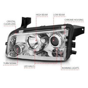 Dodge Charger 06-10 Projector Headlights Chrome W/ Rx Halo(for Halogen Models Only) - Image 4